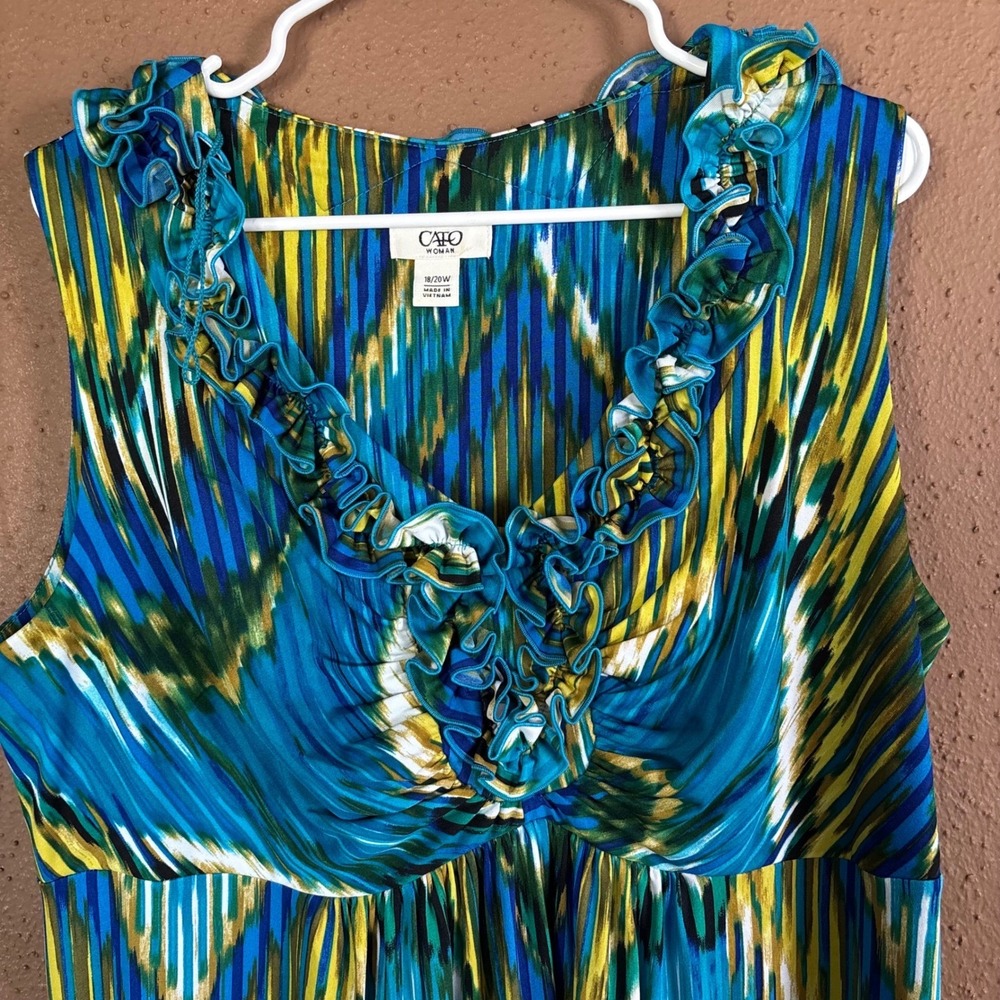 Cato Woman Blue Yellow Chevron Ikat Ruffle V-Neck Maxi Dress Plus Size 18/20W - Picture 2 of 7